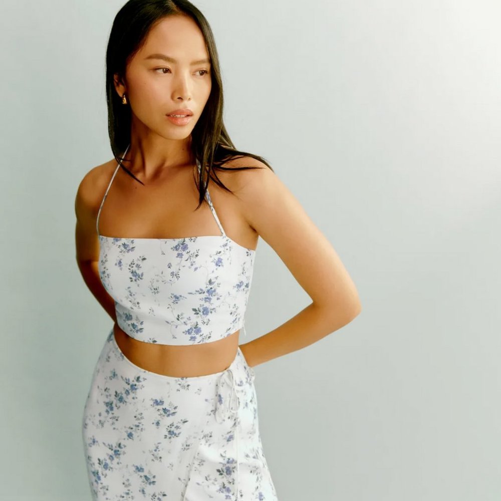 Reformation White Floral Two-Piece Skirt Set with Blue Print - Picture 4 of 12